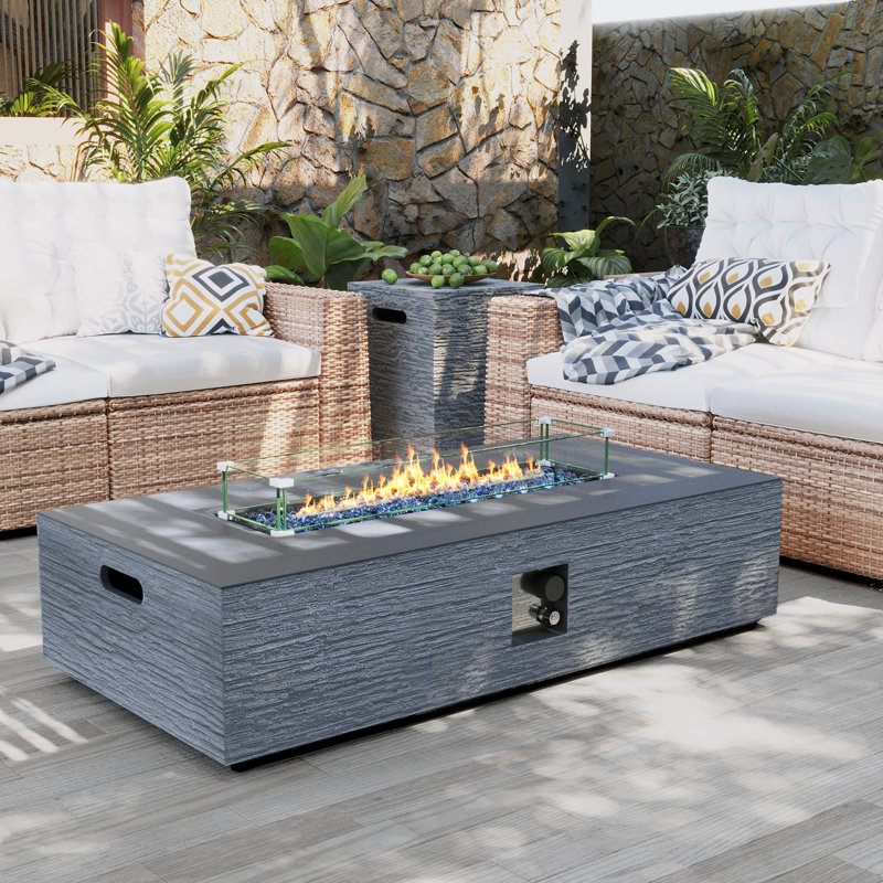  56" Rectangular Outdoor Magnesium Oxide Fire Pit Table with Gas Tank Cover, Wind guard, Dark Gray, Twilight Gray