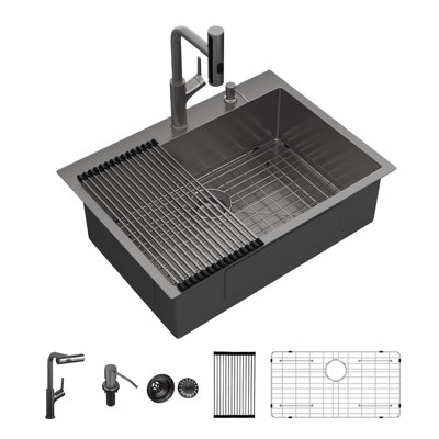 Évier de cuisine encastré noir 30 po x l 22 po en acier inoxydable, lavabo à cuve simple en acier inoxydable avec robinet escamotable, laveuse de tasses, grille inférieure, support à roulettes, crépine et accessoires