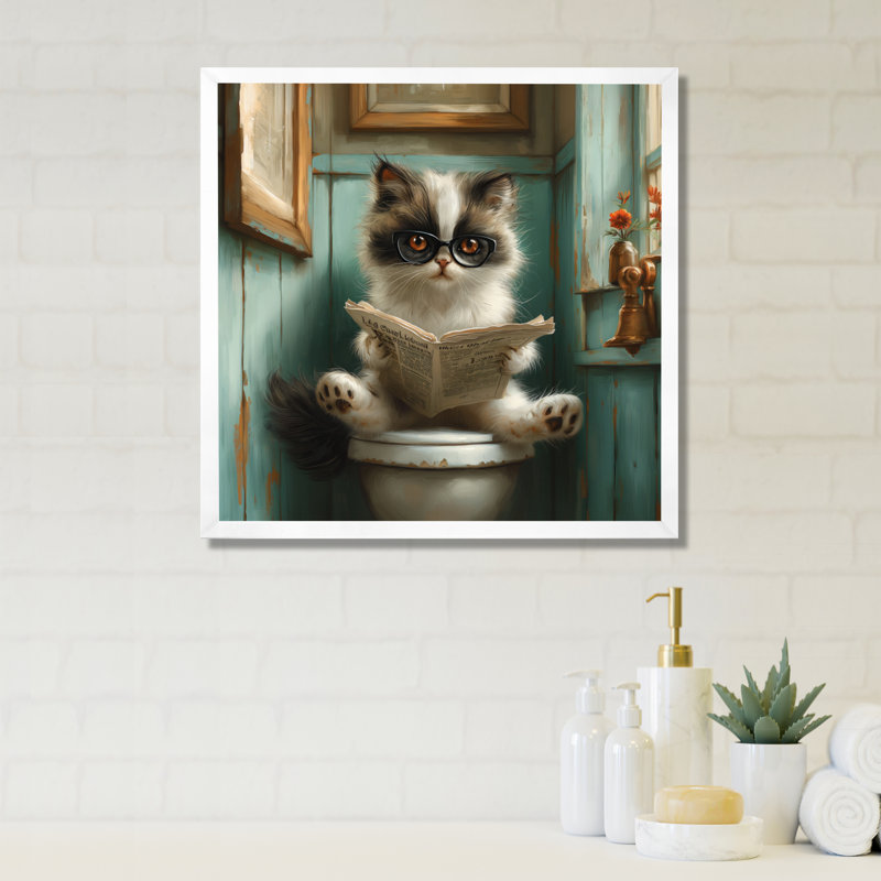 Mignon chat avec lunettes lisant le journal sur la toilette - Art mural de toilette, Cadre simple blanc