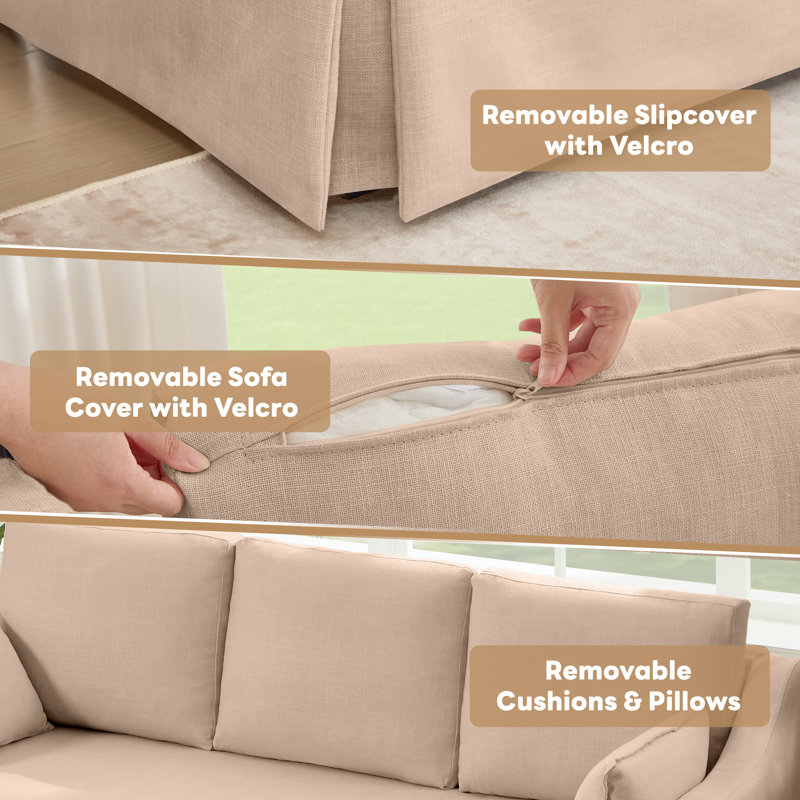 81'' Country-Style Upholstered Slipcover Standard Sofa, Khaki