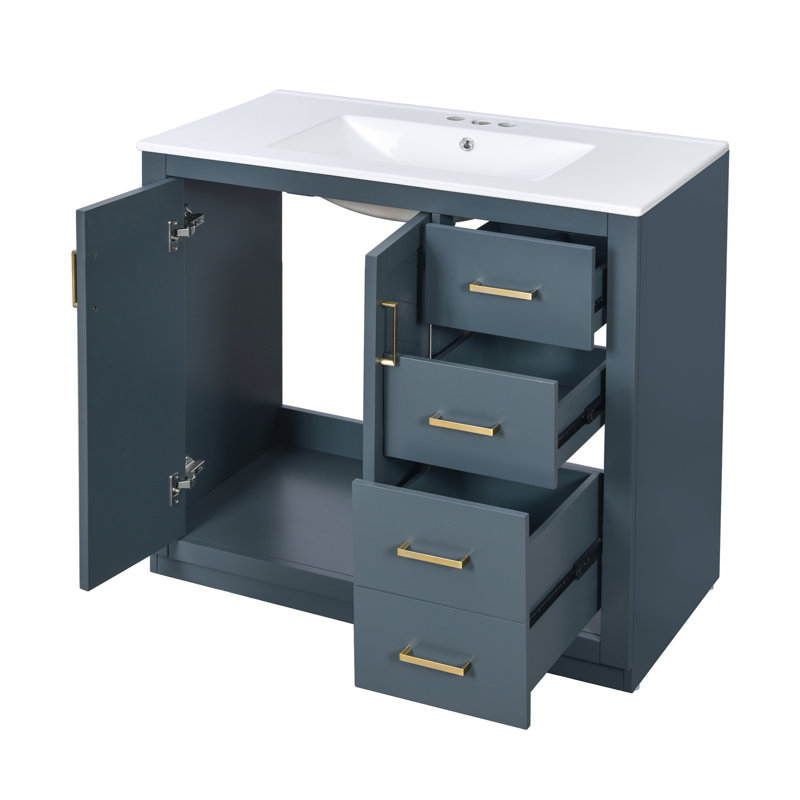 36'' Single Bathroom Vanity With Ceramic Top, Blue, Gold