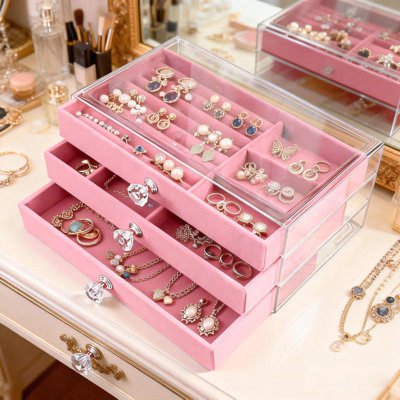 3-Drawer Clear Acrylic Jewellery Organizer with Velvet Lining, Adjustable Jewellery Storage Box for Rings Earrings Necklaces