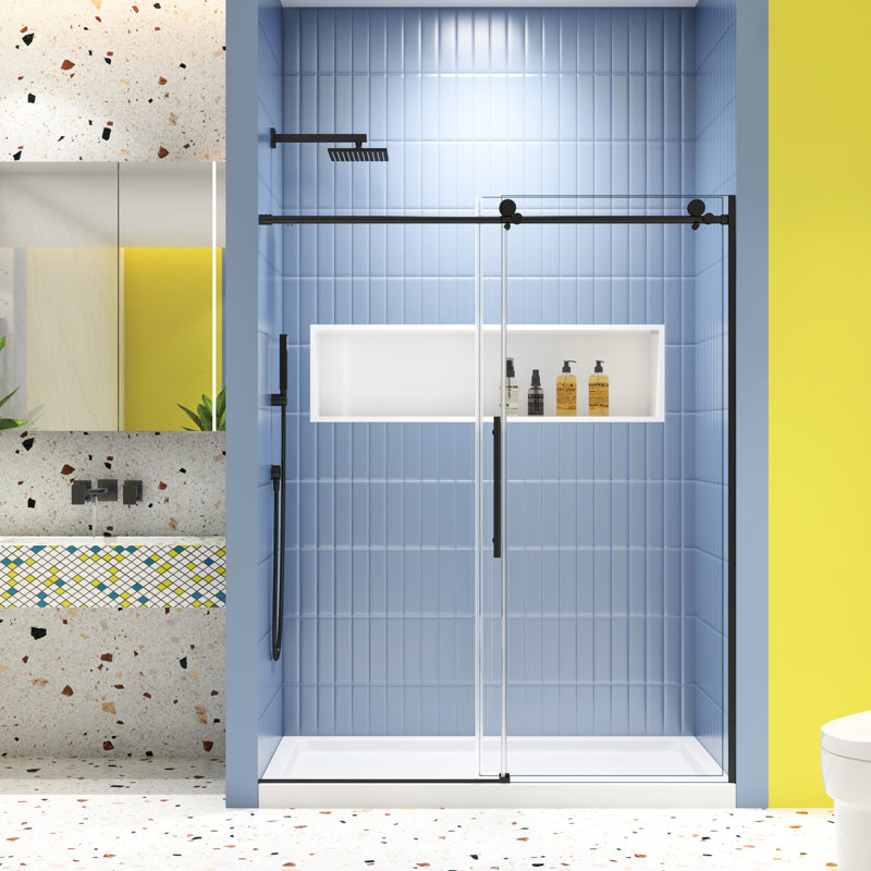 Porte de douche noire matte coulissante en verre trempé de 5/16 po, 56-60 po x 74 po, aspect élégant avec structure noire solide, 56-60 po x 74 po