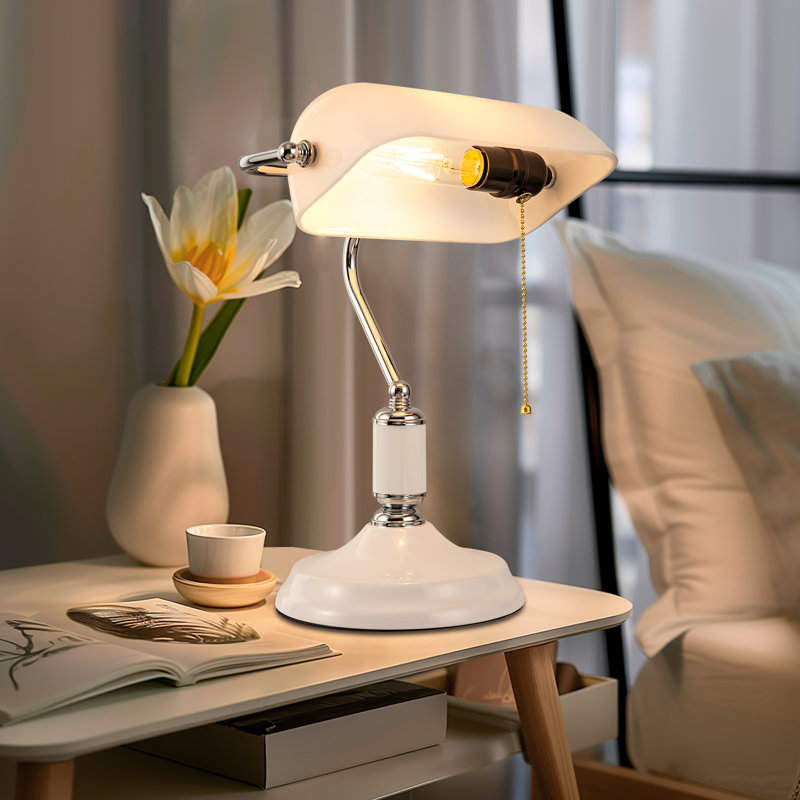 Black Glass Bankers Lamp With Gold Trim And Pull Chain Switch, Adjustable Desk Light For Office, Library, Or Study, White