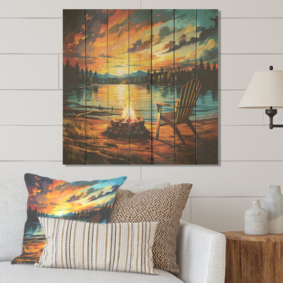 Sunset Campfire By The Late - Nursery's On Wood Print