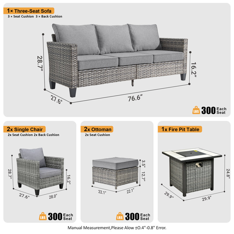 Allcot 5 - Person Wicker/Rattan Patio Furniture Set, Outdoor Fire Pit Sofa Set with Throw Pillows and Comfy Cushions, Gray