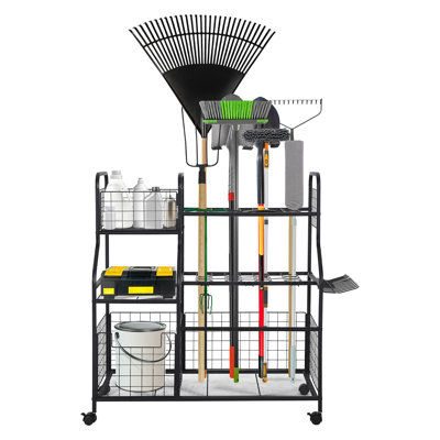 Rangement pour outils de jardin avec roues et panier, support de rangement pour cour et garage autoportant avec 6 tablettes