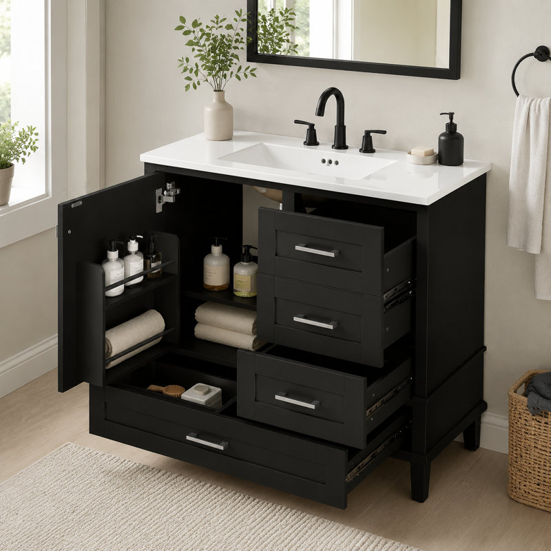 Meuble-lavabo de 36 pouces avec lavabo en céramique, armoire de salle de bain moderne avec cadre en bois massif et panneaux de fibres à densité moyenne, porte à fermeture douce et 3 tiroirs, meuble-lavabo avec tiroir divisé, tablettes doubles et poignées en alliage de zinc