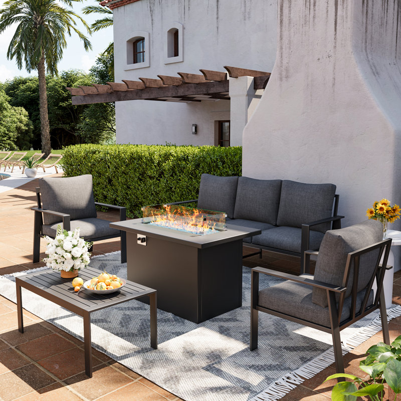 Aluminum Outdoor Conversation Set 5-Person Patio Set With Coffee Table & Firepit, Yes, Dark Gray