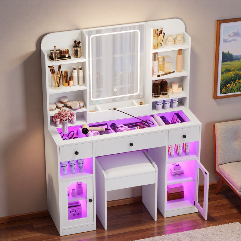 Bureau de coiffeuse avec miroir à DEL, plateau en verre, 3 tiroirs, tablettes de rangement et tabouret, Blanc