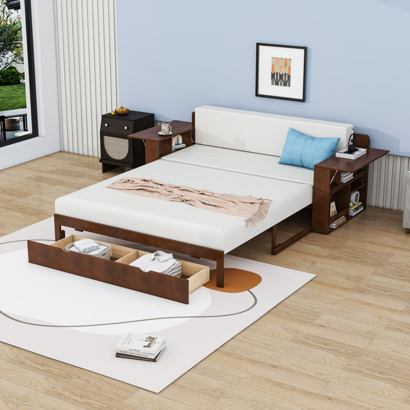 Daybed with Removable Desk, Drawers and Hydraulic Armrest Tables, Espresso, Queen