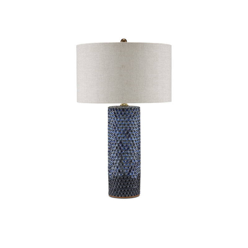 Lampe de table à pois en céramique, Bleu réactif / laiton poli