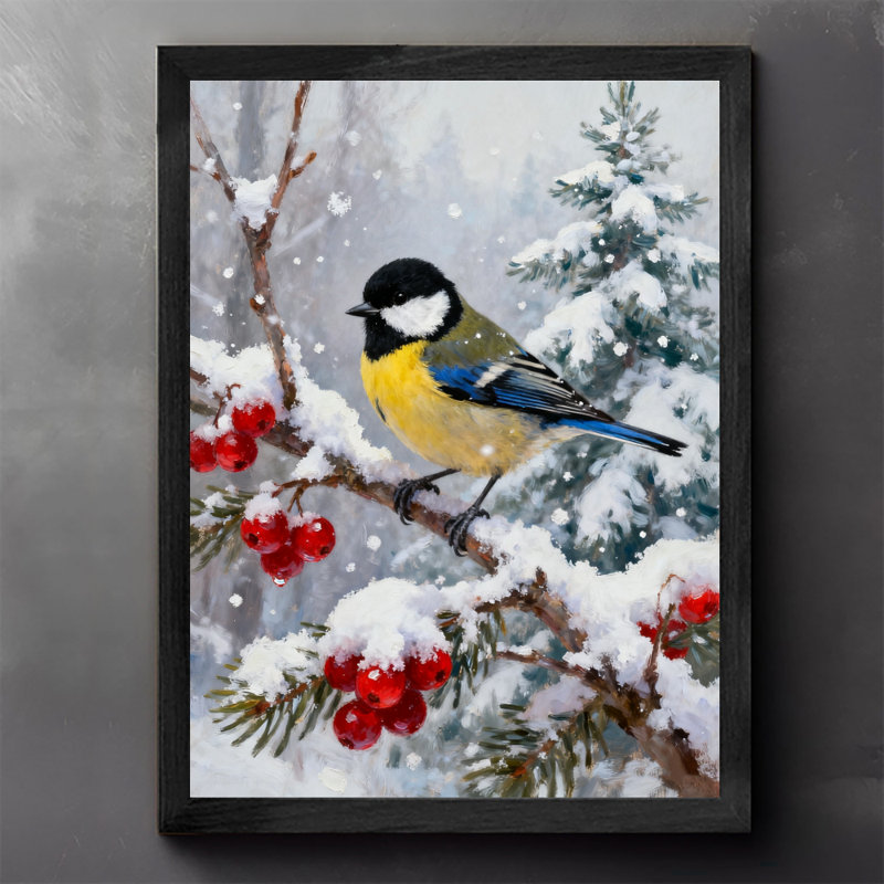 Art encadré noir, le moineau se dresse sur une branche de fruit rouge enneigé, impressions sur toile de style rétro