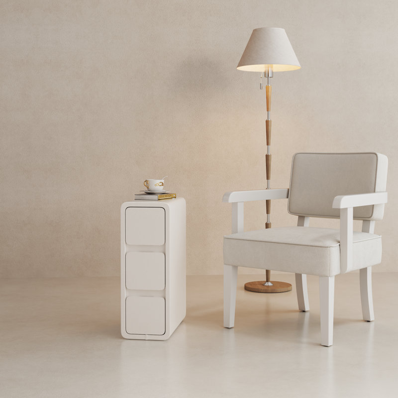 Table de chevet rembourrée en cuir massif, H 22,3 po x l 7,9 po, Blanc, 3 tiroirs