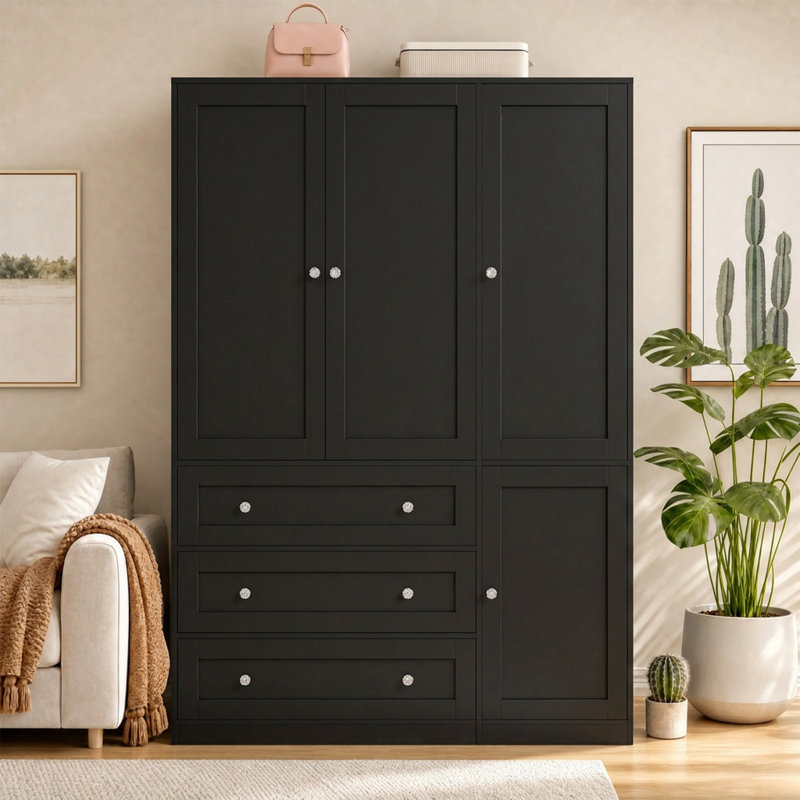 Armoire-penderie spacieuse et moderne, armoire de chambre en bois avec 4 portes, 3 tiroirs, tablettes réglables