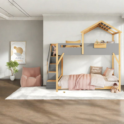Lits de cabane avec escalier et éclairage DEL, 2 places superposées, en bois de pin MDF, style moderne gris.