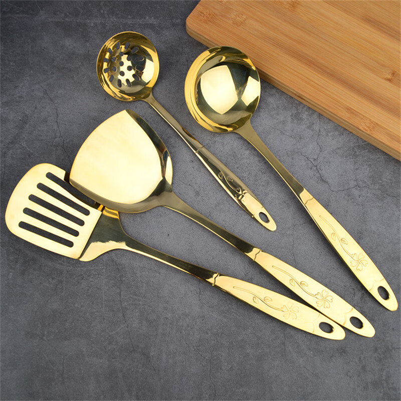 Ensemble d'ustensiles Wok en laiton massif - Grande spatule Wok, louche, crépine et tourneur rainuré pour la cuisson