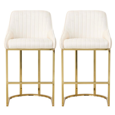 Set of 2 Soft Velvet Upholstered Bar Stools with Golden Leg