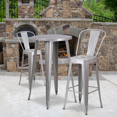 Genece Round Metal Indoor-Outdoor Bar Table Set with 2 Stools