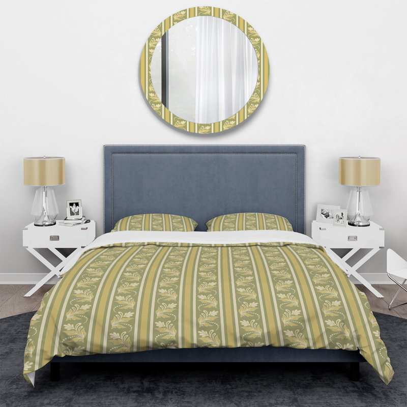 Ensemble de housse de couette à rayures florales vertes et dorées - Polyester en microfibre