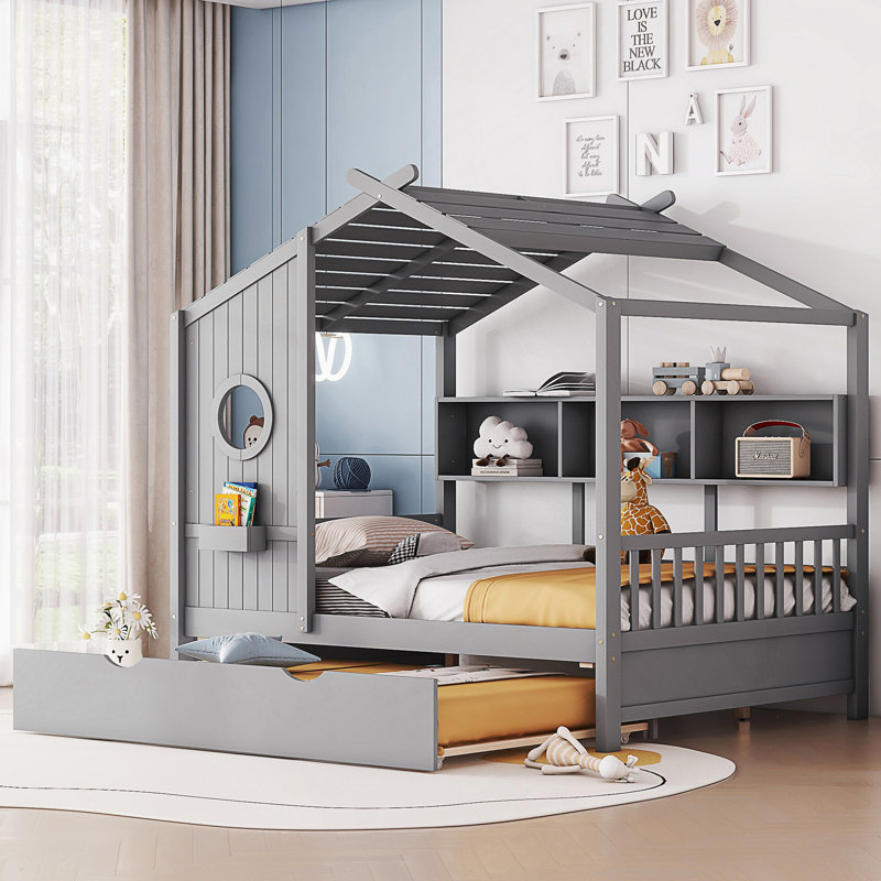 Lit en bois avec couchette, Gris, Lit double