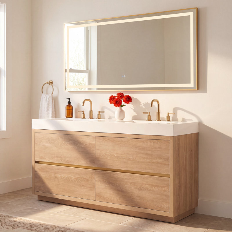 Beira 71.7'' Double Bathroom Vanity with Composite Top, North American Oak, White