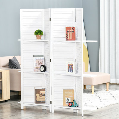Paravent HOMcom 4 en bois de 67 po avec 3 tablettes et rangement pliable pour la chambre à coucher ou le bureau personnel, blanc