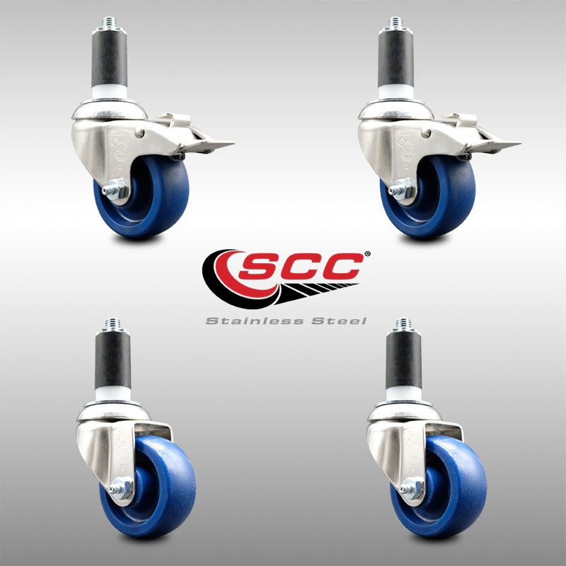Solid Poly Swivel Expanding Stem Caster Set with 2 Lock Brake, 4" H x 4" W