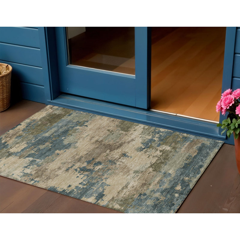 3' X 5' Teal Blue And Beige Abstract Washable Indoor Outdoor Area Rug