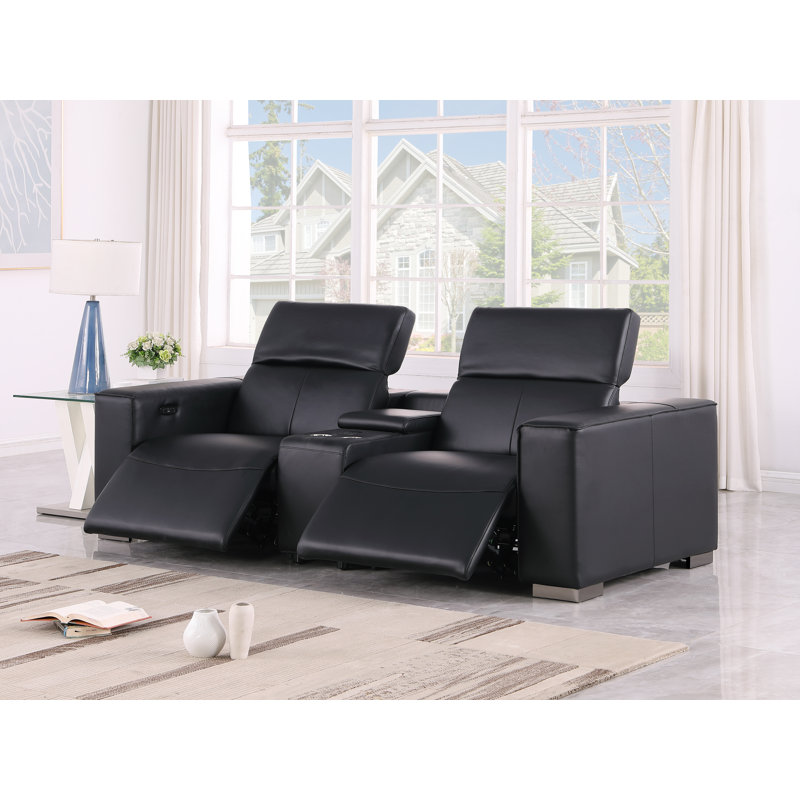 Luxurious Console Loveseat Power Reclining In Genuine Leather With Power Headrests, Black