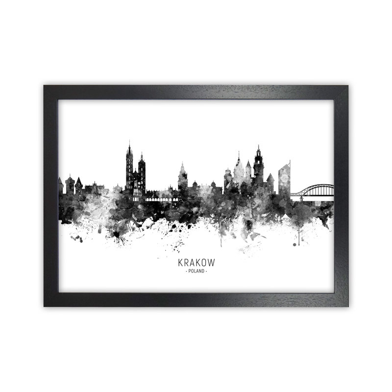 Krakow Poland Skyline Black White City Name by Michael Tompsett - 1 Piece Wall Art, 64cm H x 88cm W x 3cm D, Black Framed