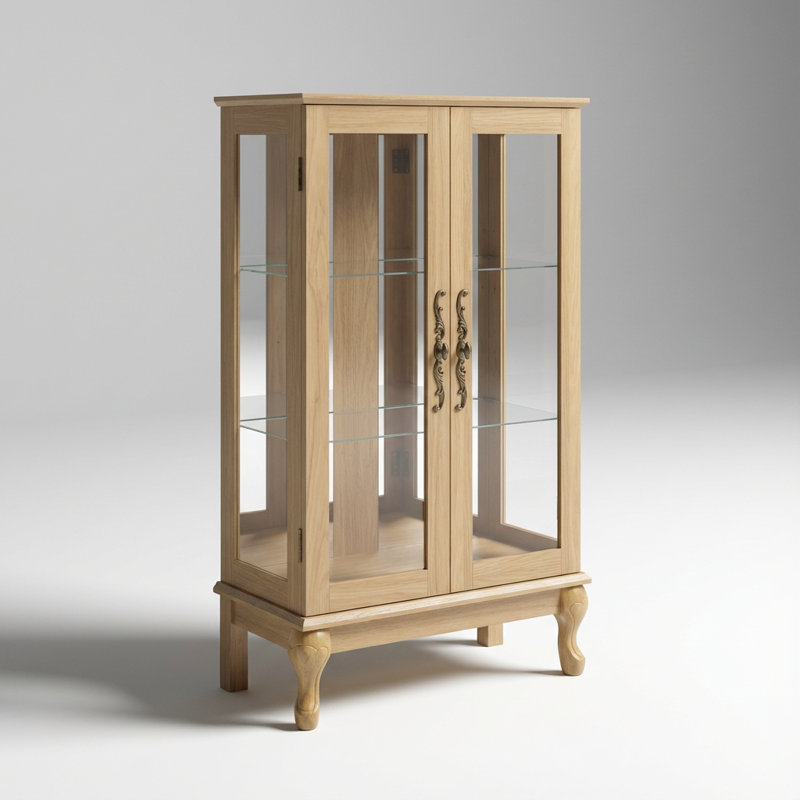 Elegant Light Oak Curio Cabinet with Tempered Glass Doors, LED Lighting, Mirrored Back Panel, and Adjustable Shelves for Display Storage in Home or Office Settings