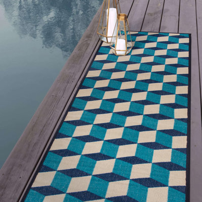 Hendriex Geometric Blue/Turquoise/Ivory Indoor&Outdoor Area Rug