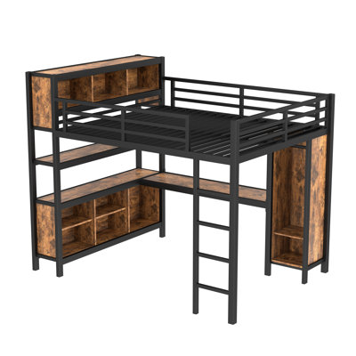 Grand lit mezzanine en métal avec garde-robe et bureau en L, tablettes et cubes de rangement, lit mezzanine robuste pour enfants, adolescents et adultes