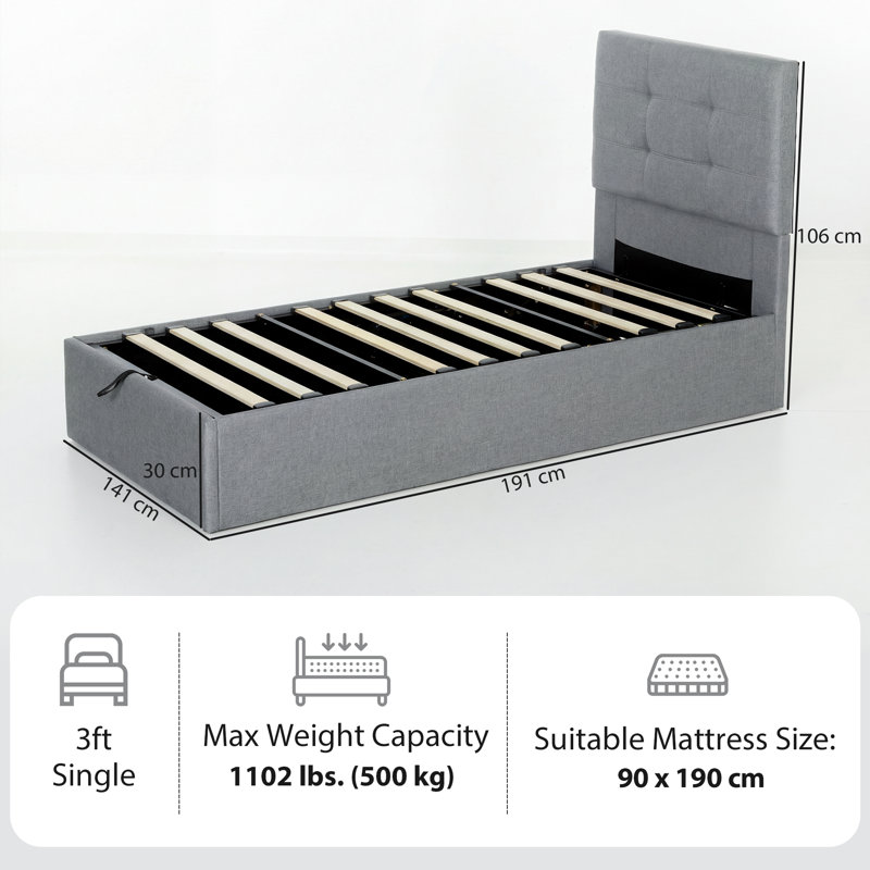 Upholstered Bed, Grey, European Single (90 x 200 cm)