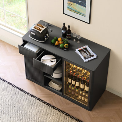Fluted Bar Cabinet with Fridge Space (Fridge Not Included), Modern Coffee Station with Charging Hub & Wine Glass Rack, Black Buffet Sideboard for Home Beverage & Liquor Storage.