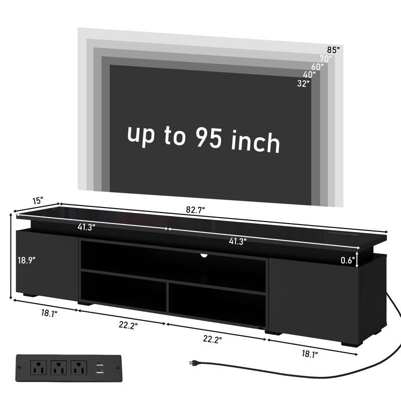 83" TV Stand/Media Console For Tvs Up To 95" With Power Outlets, USB Ports And LED Light Strips, Black