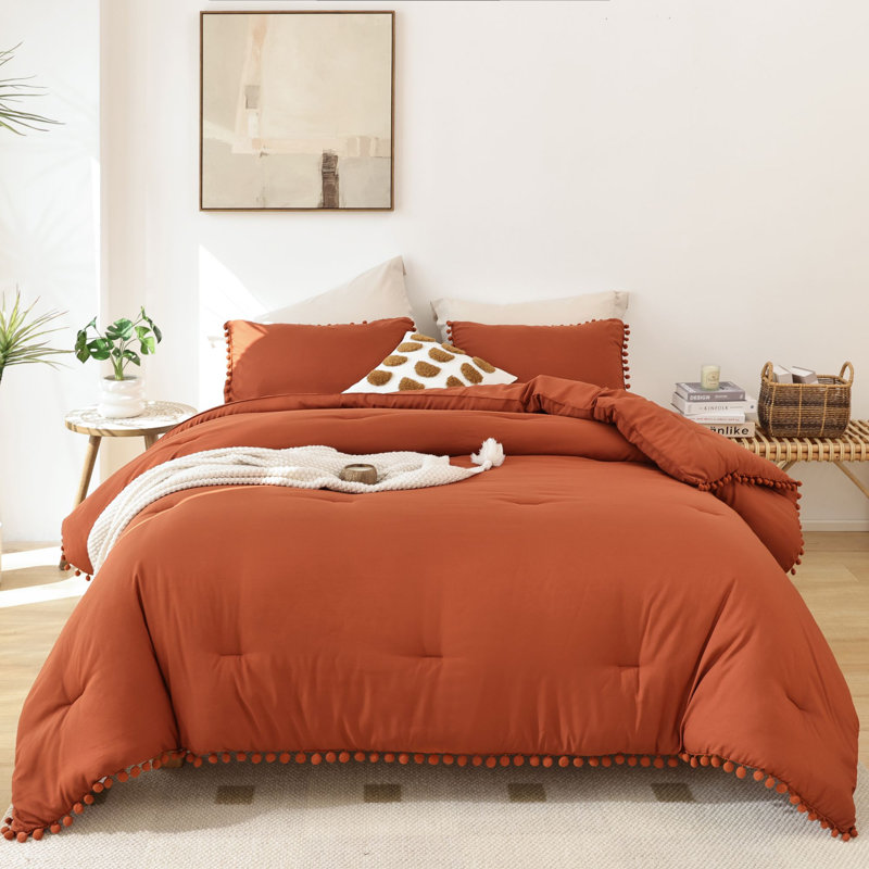 Superfiber Bohemian Pom Comforter Set All Seasons 3-piece Set, Red, Queen Quilt + 2 Standard Pillowcases
