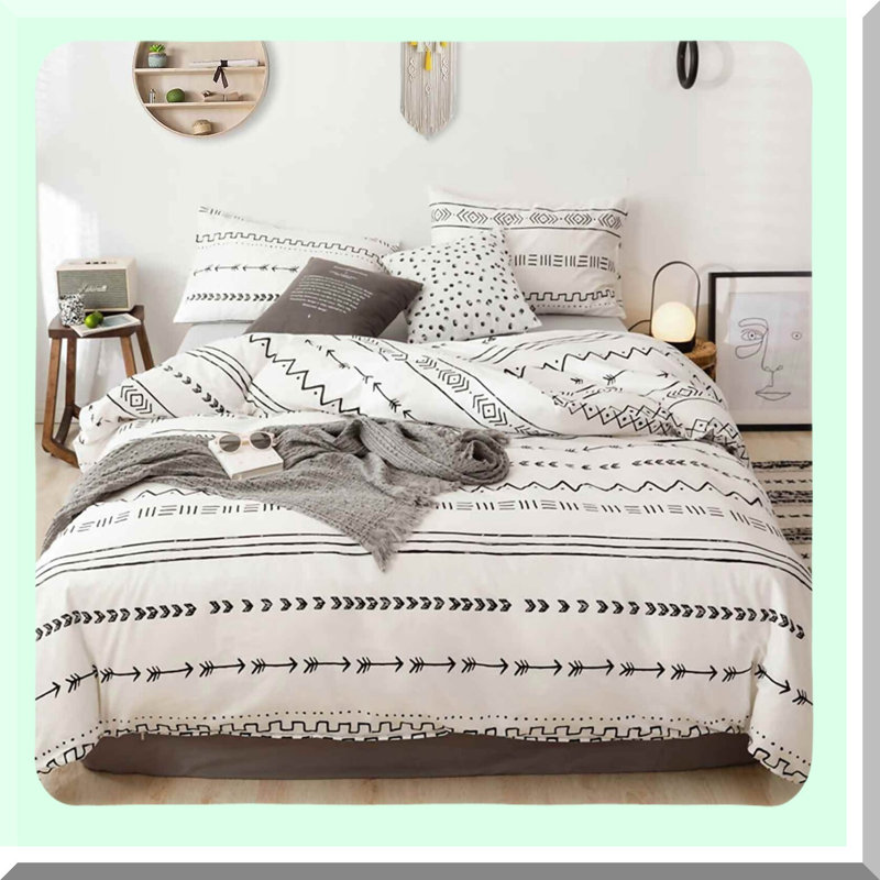 Geometric Farmhouse Stripe Duvet Set - Soft Boho Neutral Quilt Cover - Lightweight Microfiber Comforter - Patterned Bedding