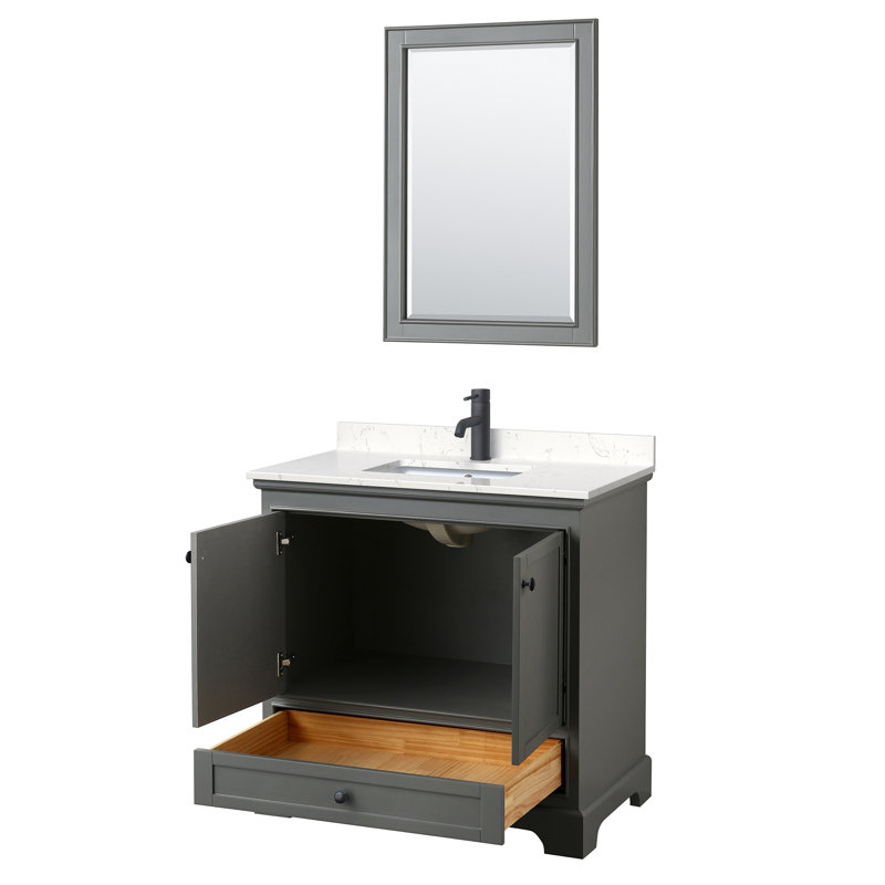 Deborah 36'' Single Bathroom Vanity with Marble Top, White Cultured Marble, Dark Gray, Matte Black