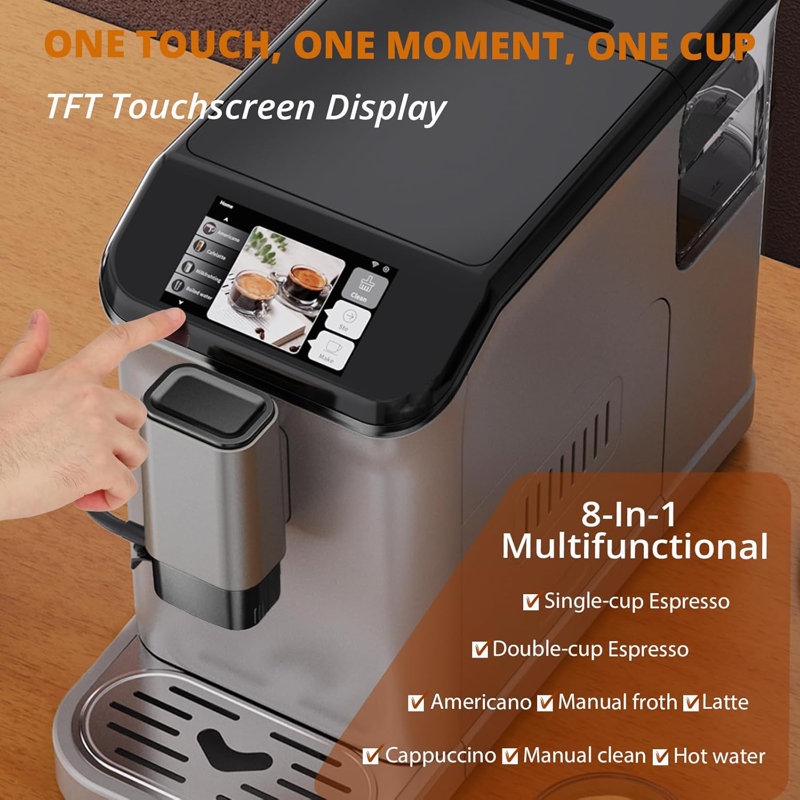 Fully Automatic Espresso Coffee Machine With Milk Frother, 8-In-1 Coffee Maker With Tft Touchscreen & Removable Water Tank, 20 Bar Pump Pressure 15 Adjustable Grind Levels Cappuccino Machine