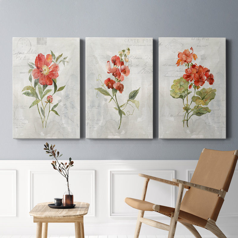 Lin géranium - ensemble de 3 impressions sur toile tendue, H 18 po x l 36 po x P 1 po