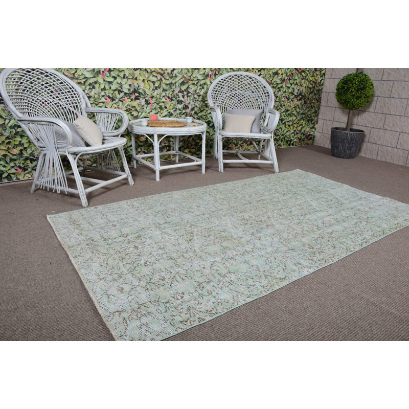 Handmade Vintage Turkish Area Rug with Soft Green Pastel and  Bohemian Pattern