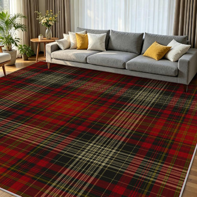 Cream Plaid Christmas Tartan Autumn Brown Fall Holiday Beige Black Brass Machine Washable Indoor Area Rug