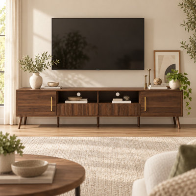 Meuble télé de 78 pouces avec portes en bois tressé et système de gestion des câbles