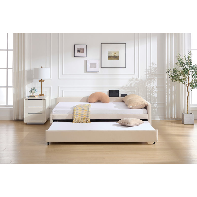 Upholstered Daybed With Trundle,Sturdy Wooden Bed Frame, Modern Diamond Grid Design,For Bedroom, Guest Room (Beige), Beige