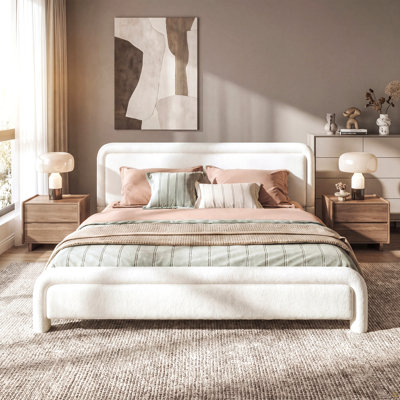 Très grande base de lit tapissier avec tête de lit courbée, lit en tissu Boucle moderne avec support en lattes de bois, aucun sommier requis, assemblage facile, blanc