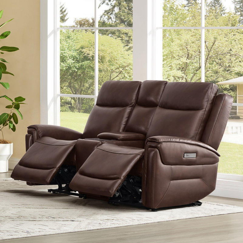 Canapé électrique 2 pièces en cuir véritable Super Zero-Gravity avec appui-tête électrique et console multifonction, Cognac