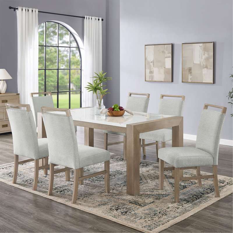 Ensemble de salle à manger à plateau rectangulaire en faux marbre blanc l 66 po, 7 pièces : table, 6 chaises