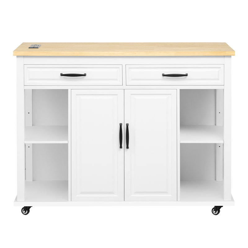 Îlot de cuisine 47,2 po avec table de salle à manger extensible 13,8 x 41,7 po, placage en bois d'hévéa, support de rangement interne, prises de recharge